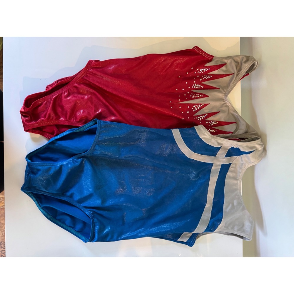 GK Elite Youth Gymnastics Leotards Set of 2 Red Blue Metallic Rhinestone MC